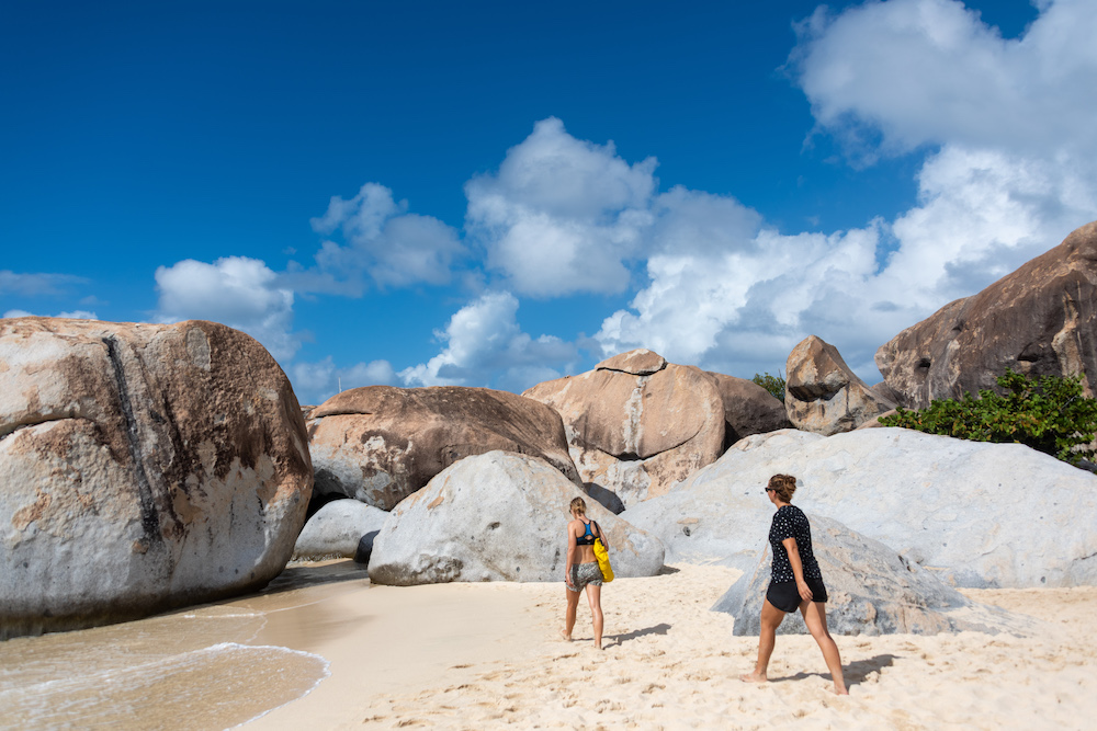 Keanna and Marianne walking into rocks at the Baths, BVI.